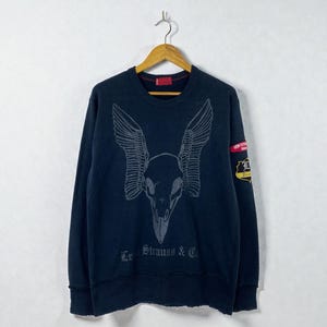 Vintage Levis Red Tab Sweatshirt Black Crewneck Skul Wings Graphic Rocker Patch Medium Pullover