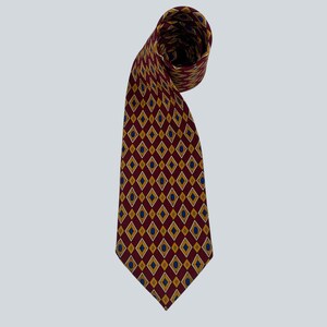 May include: A necktie featuring a repeating geometric pattern of diamonds in shades of deep burgundy, mustard yellow, and navy blue. The tie is rolled at the top, displaying the consistent diamond motif across the entire length of the fabric.