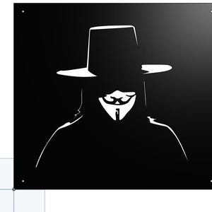 May include: A monochrome graphic depicting a figure in a hat and mask, similar to the character V from "V for Vendetta." The image is a silhouette, with white lines outlining the figure against a black backdrop.