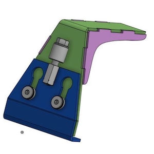 May include: A 3D-rendered mechanical component in blue, green, and purple. It features a silver bolt and two silver screws. The design suggests a bracket or support structure, possibly for machinery or equipment.