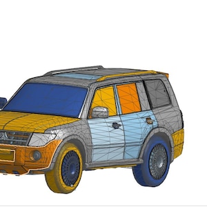 May include: A 3D model of a sport utility vehicle (SUV) with a multi-colored design. The hood and front bumper are yellow and orange, the windshield is blue, and the side panels are light blue and gray.