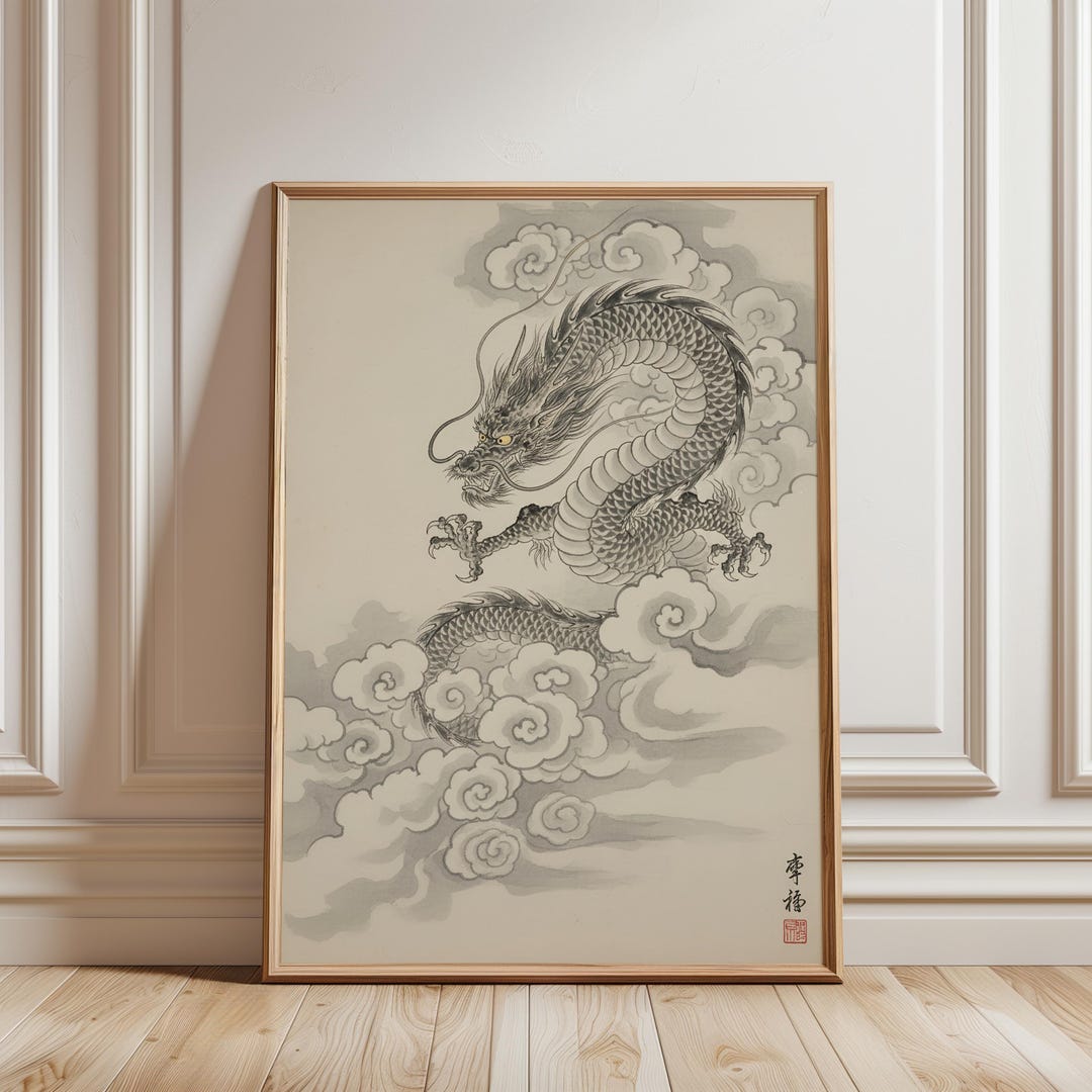 Japanese Dragon Art Print | Ink Wash Style Wall Decor - Etsy