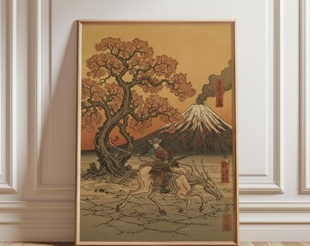 Samurai Rider Beneath the Burning Sky – Japanse poster in houtblokstijl