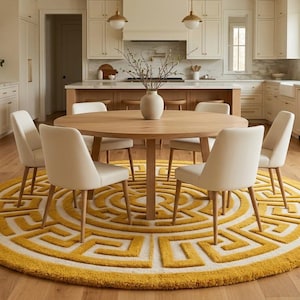 May include: A round wooden dining table with six off-white upholstered chairs arranged on a circular rug featuring a yellow and white Greek key pattern. A ceramic vase with bare branches sits in the center of the table on the light wood floor.