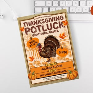 Könnte beinhalten: Einladung zum Thanksgiving-Potluck mit einer Truthahn-Illustration, Kürbissen und Herbstblättern. Die Einladung enthält den Text "Thanksgiving Potluck, Gratitude, Games" und Veranstaltungsdetails. Auf beigem Hintergrund.