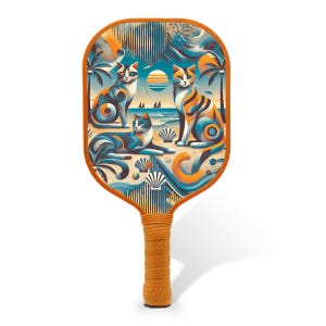 Könnte beinhalten: Ein Pickleball-Schläger mit einem lebendigen Design, das drei stilisierte Katzen an einem Strand mit Palmen, Wellen und einem Sonnenuntergang zeigt. Der Schläger hat einen orangefarbenen Rand und einen strukturierten orangefarbenen Griff.