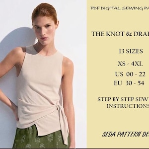 Könnte beinhalten: Ein digitales PDF-Schnittmuster für das The Knot & Drape Top, erhältlich in 13 Größen von XS bis 4XL, US 00 bis 22 und EU 30 bis 54. Enthält eine Schritt-für-Schritt-Nähanleitung von Seda Pattern Design, gezeigt mit einem beigen ärmellosen Oberteil.