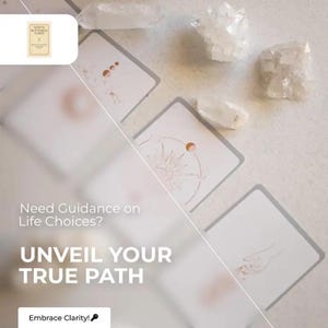 Può includere: Un mazzo di carte dei tarocchi "White Butterfly Tarot" con una scatola color crema, disposte con cristalli bianchi e altre carte dei tarocchi. È visibile anche il testo "Need Guidance on Life Choices? Unveil Your True Path".