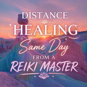 Op de afbeelding: Afbeelding met tekst: "Distance Healing Same Day From a Reiki Master." De achtergrond toont een kleurrijk landschap met een zonsondergang. De tekst is in cursief met een bloemenontwerp.