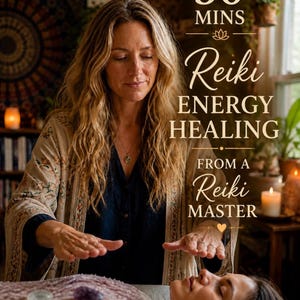 May include: Image of a Reiki session. A woman with long blonde hair performs energy healing on another person. Text on the image reads "30 Mins Reiki Energy Healing From a Reiki Master."