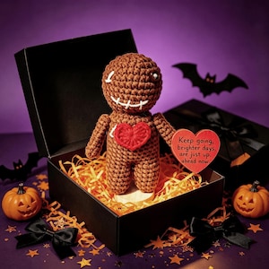 May include: A brown crocheted voodoo doll with a red heart on its chest, one button eye, and a stitched mouth. It holds a red heart-shaped sign that reads, "Keep going, brighter days, are just up, ahead now." The doll is inside a black gift box.