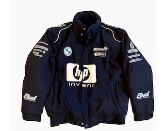 Y2K F1 bomberjack – vintage motorsportracejack met logoaccenten | Uniseks retrostijl voor heren en dames