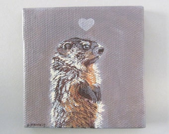 Groundhog Loves You, an original acrylic painting on a mini canvas