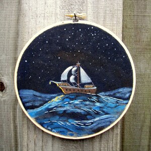 Hoop Art Original Acrylic Seascape Painting with Embroidery Nautical Beach Decor image 2