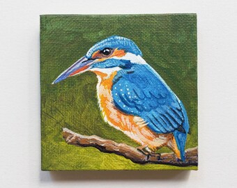 Kingfisher miniature painting, blue and yellow plumage gift for bird lover in your family