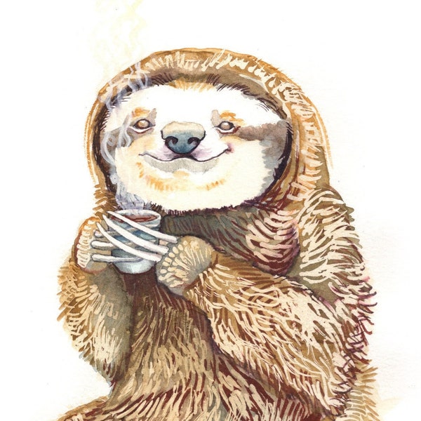 Sloth Art Print, Coffee Bar Decor, Cute Sloth Painting, Happy Coffee Wall Art, Three Toed Sloth Painting, Original Art Print, Sloth Barista