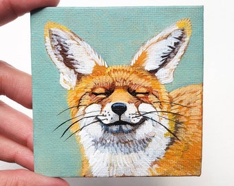 Happy Fox, une peinture acrylique originale sur une mini toile Great Fox Gift