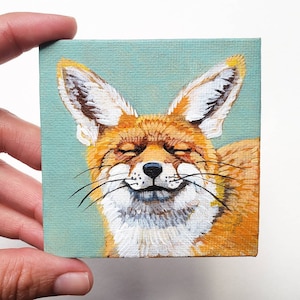 Happy Fox, una original pintura acrílica sobre un mini lienzo Great Fox Gift