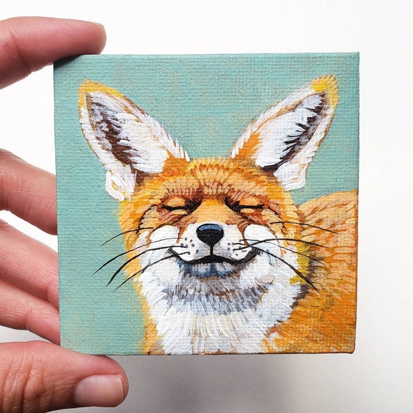 Happy Fox, een origineel acryl schilderij op een mini canvas Great Fox Gift