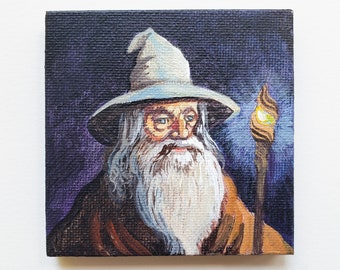 Gandalf the Grey art, a miniature painting on canvas of the wizard from Lord of the Rings