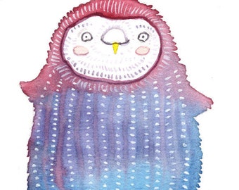 Cute Jellyfish Owl Painting, Childrens Art, Digital Print, Silly Art for Nursery, Owl Gift, Print, Poofydove Original Watercolor Art