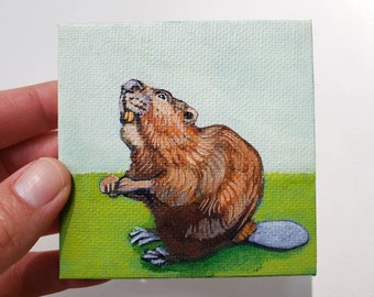 Beaver, an original acrylic painting on a mini canvas