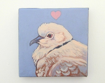 Ring-Necked Dove Loves you - Original Painting on a 3" x 3" Miniature Canvas - Bird Wall Decor