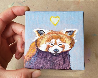 Red Panda Loves You, original miniature painting on canvas