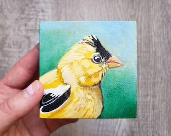 Gold Finch Bird Art, yellow and black miniature bird painting