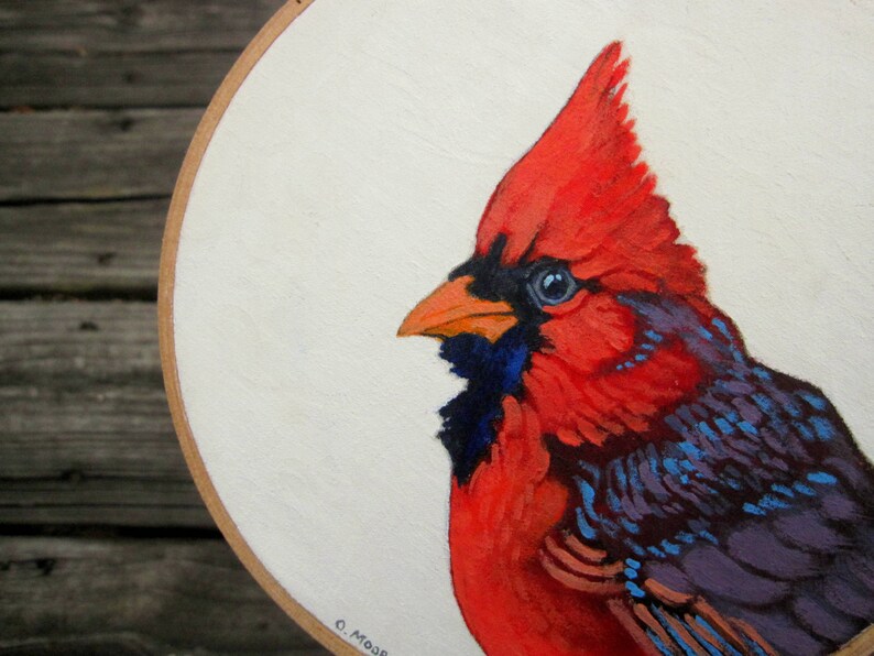 Cardinal Bird Painting Embroidery Hoop Art Woodland Nursery Decor Original Acrylic painting on a 6 Embroidery Hoop Made to Order image 2