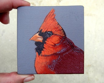 Red Cardinal Bird Painting on Miniature 3" x 3" Canvas - Woodland Home Decor - Original Wall Art