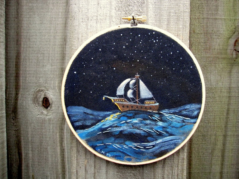 Hoop Art Original Acrylic Seascape Painting with Embroidery Nautical Beach Decor image 2