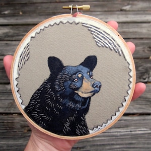 Black Bear Painting Embroidery Hoop Art - Woodland Home Decor - Hand Embroiderey