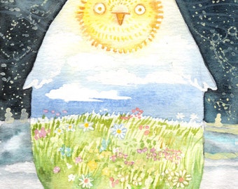 Cute Owl Art Children Digital Print - Storybook Owl Decor of the Seasons Summer and Winter - Nursery Owl Gift Print of Original Watercolor