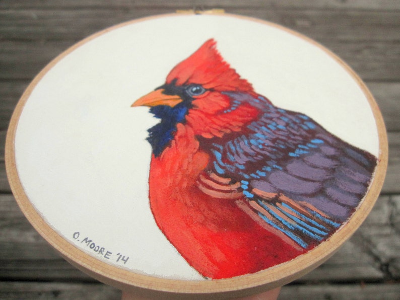 Cardinal Bird Painting Embroidery Hoop Art Woodland Nursery Decor Original Acrylic painting on a 6 Embroidery Hoop Made to Order image 3