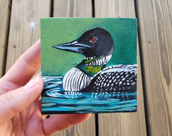 Loon Bird art, miniature painting on canvas 3" x 3" wall art