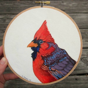 Cardinal Bird Painting Embroidery Hoop Art Woodland Nursery Decor Original Acrylic painting on a 6 Embroidery Hoop Made to Order image 1