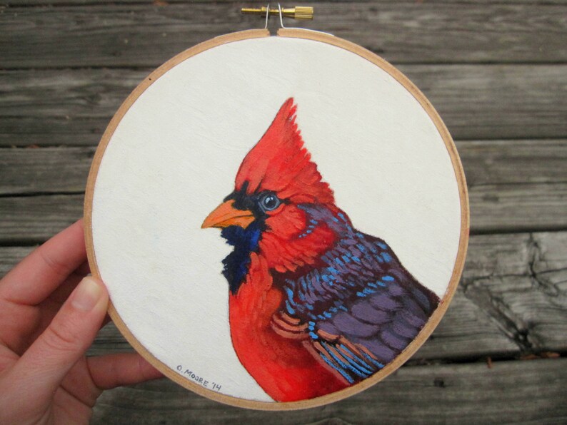 Cardinal Bird Painting Embroidery Hoop Art Woodland Nursery Decor Original Acrylic painting on a 6 Embroidery Hoop Made to Order image 1