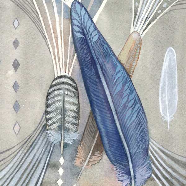 Bird Feathers Art, Digital Download of Still Life Painting, Tribal Wall Art, woodland nursery decor, baby shower, Gray and Blue Decor