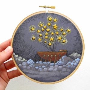 Star Dreaming Embroidery Hoop Art Wall Art Original Acrylic Painting and Embroidery on a 6 Embroidery Hoop image 1