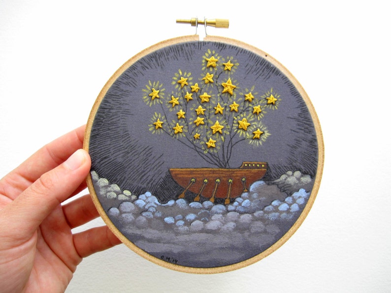 Star Dreaming Embroidery Hoop Art Wall Art Original Acrylic Painting and Embroidery on a 6 Embroidery Hoop image 1