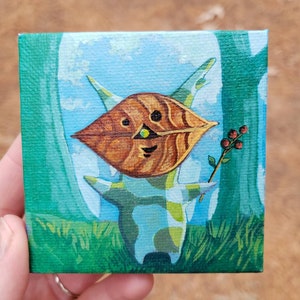 Korok forest creature - Zelda Breath of the Wild original miniature acrylic painting on canvas 3&quot;×3&quot;