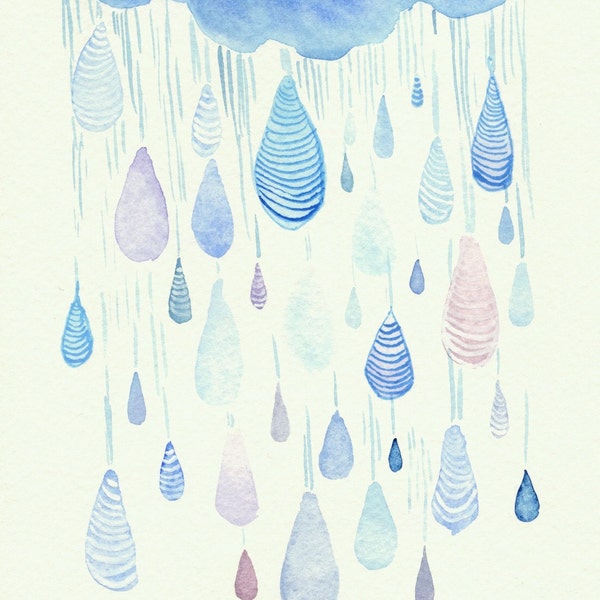 Raindrops Art - April Showers - Blue Clouds Nursery Art - Original Watercolor Painting - Spring Rain Artwork - 5.5" x 7.5" Watercolor Paper