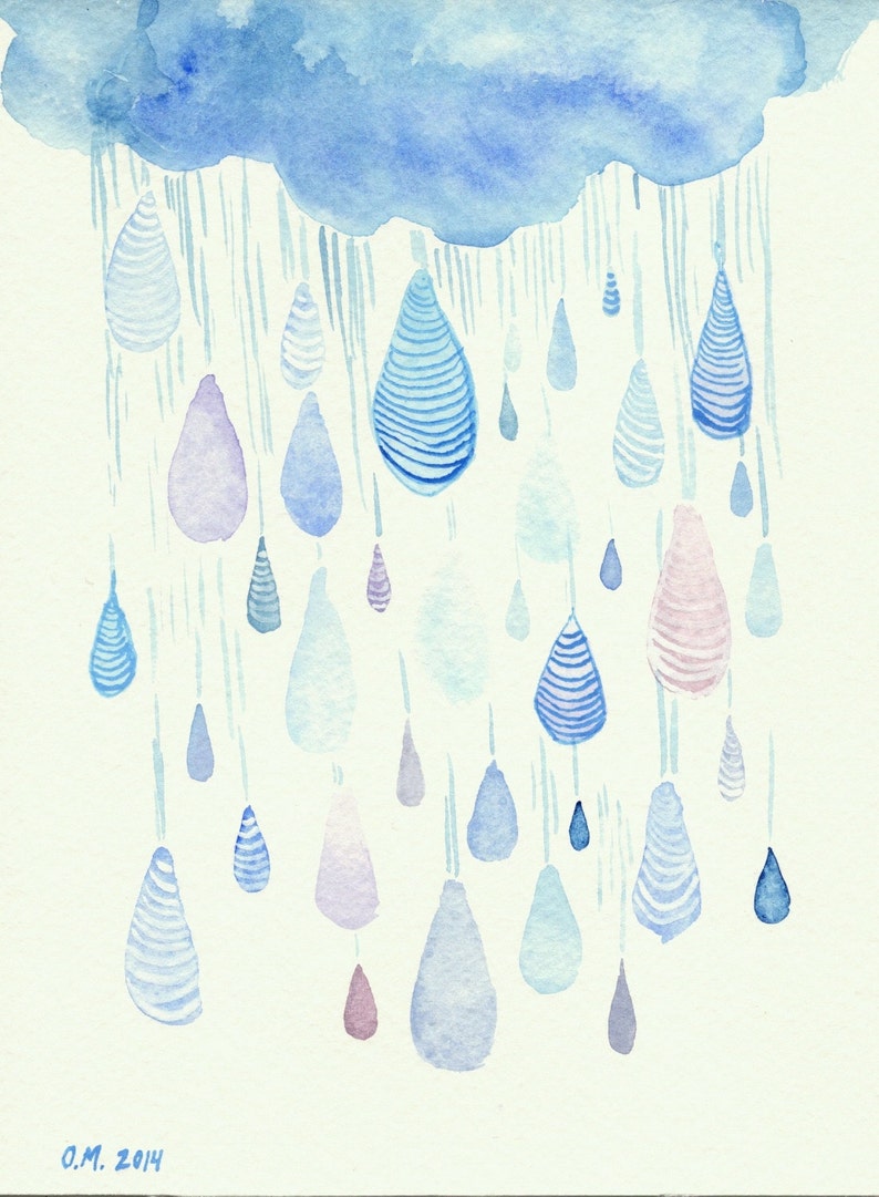 Raindrops Art April Showers Blue Clouds Nursery Art Original Watercolor Painting Spring Rain Artwork 5.5 x 7.5 Watercolor Paper image 1
