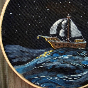Hoop Art Original Acrylic Seascape Painting with Embroidery Nautical Beach Decor image 3