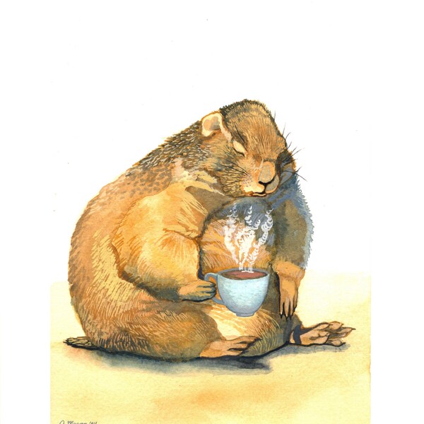 Prairie Dog Art - Coffee Decor - Original Watercolor Painting - Cute Animal Art - But First Coffee Wall Art - Kitchen Decor 7" x 10"