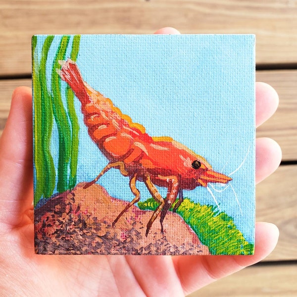 Fire Red Shrimp Painting, Red cherry dwarf shrimp art