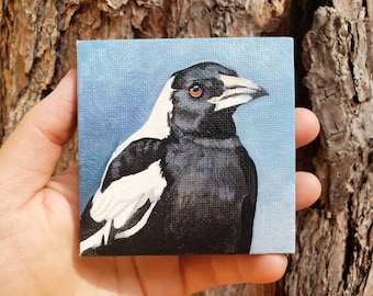 Magpie Bird Painting, miniature acrylic painting on canvas