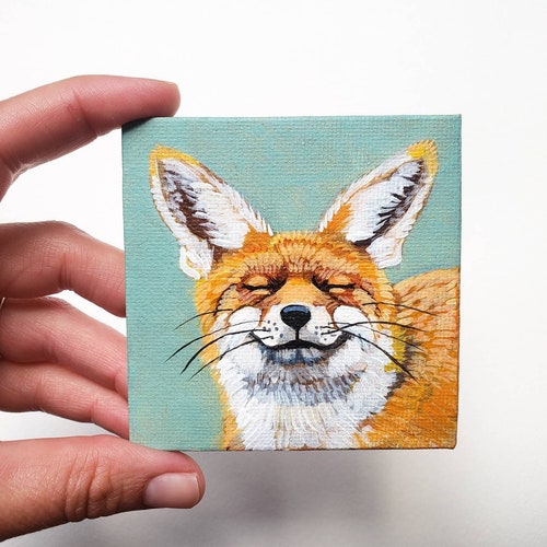 Happy Fox, une peinture acrylique originale sur une mini toile Great Fox Gift