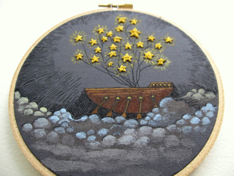 Star Dreaming Embroidery Hoop Art Wall Art Original Acrylic Painting and Embroidery on a 6 Embroidery Hoop image 3